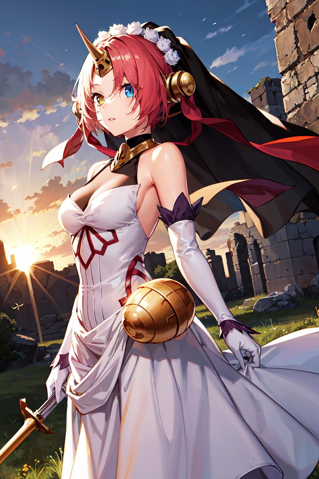 masterpiece, best quality, highres, 1girl, hair_over eyes, heterochromia, blue eyes, yellow eyes,  solo, frankenstein's monster \(fate\), mechanical horns, veil, elbow gloves, white dress, long dress, white gloves, short hair, pink hair, bare shoulders, medium breasts, headgear, <lora:frankenstein_v1:0.7>, cowboy shot, ruins, standing, holding mace, 