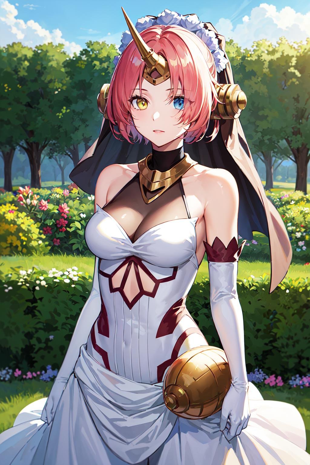 masterpiece, best quality, highres, 1girl, hair over eyes, heterochromia, blue eyes, yellow eyes, solo, frankenstein's monster \(fate\), mechanical horns, veil, elbow gloves, white dress, long dress, white gloves, short hair, pink hair, bare shoulders, medium breasts, headgear, cowboy shot, garden <lora:frankenstein_v1:0.6>