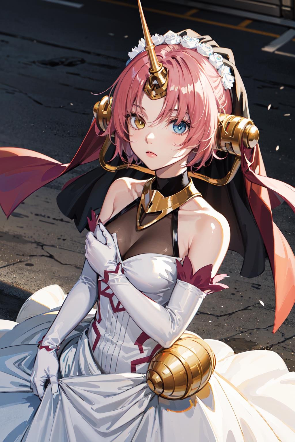 masterpiece, best quality, highres, 1girl, hair over eyes, heterochromia, blue eyes, yellow eyes,  solo, frankenstein's monster \(fate\), mechanical horns, veil, elbow gloves, white dress, long dress, white gloves, short hair, pink hair, bare shoulders, medium breasts, headgear, <lora:frankenstein_v1:0.7>, cowboy shot, street, :<