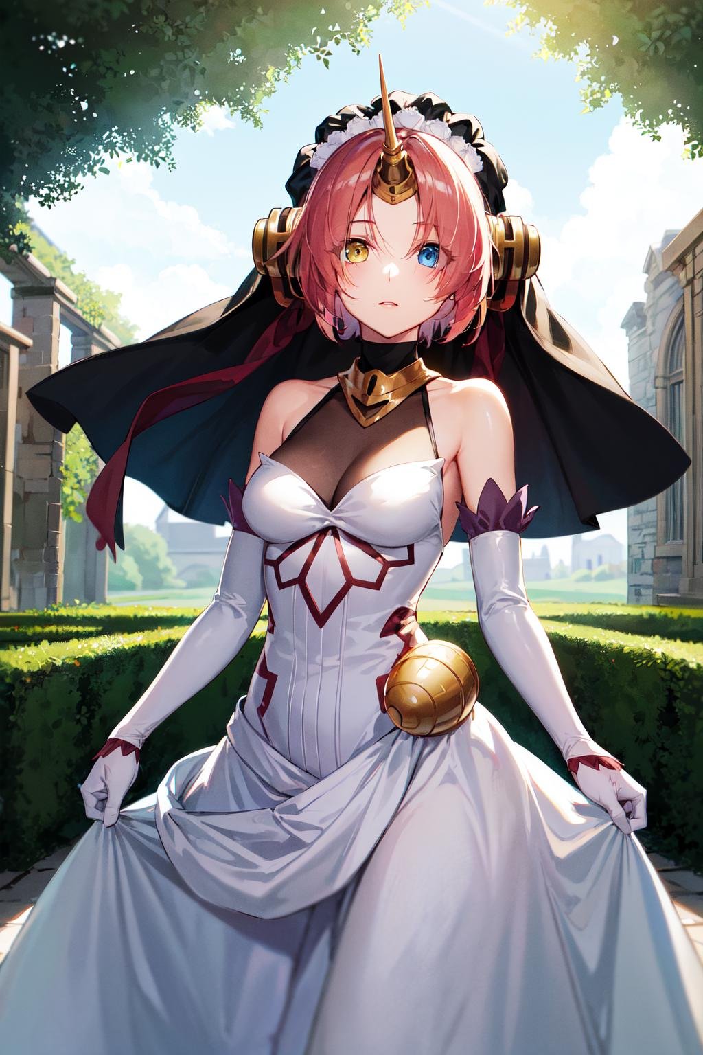 masterpiece, best quality, highres, 1girl, hair over eyes, heterochromia, blue eyes, yellow eyes, solo, frankenstein's monster \(fate\), mechanical horns, veil, elbow gloves, white dress, long dress, white gloves, short hair, pink hair, bare shoulders, medium breasts, headgear, cowboy shot, garden <lora:frankenstein_v1:0.7>