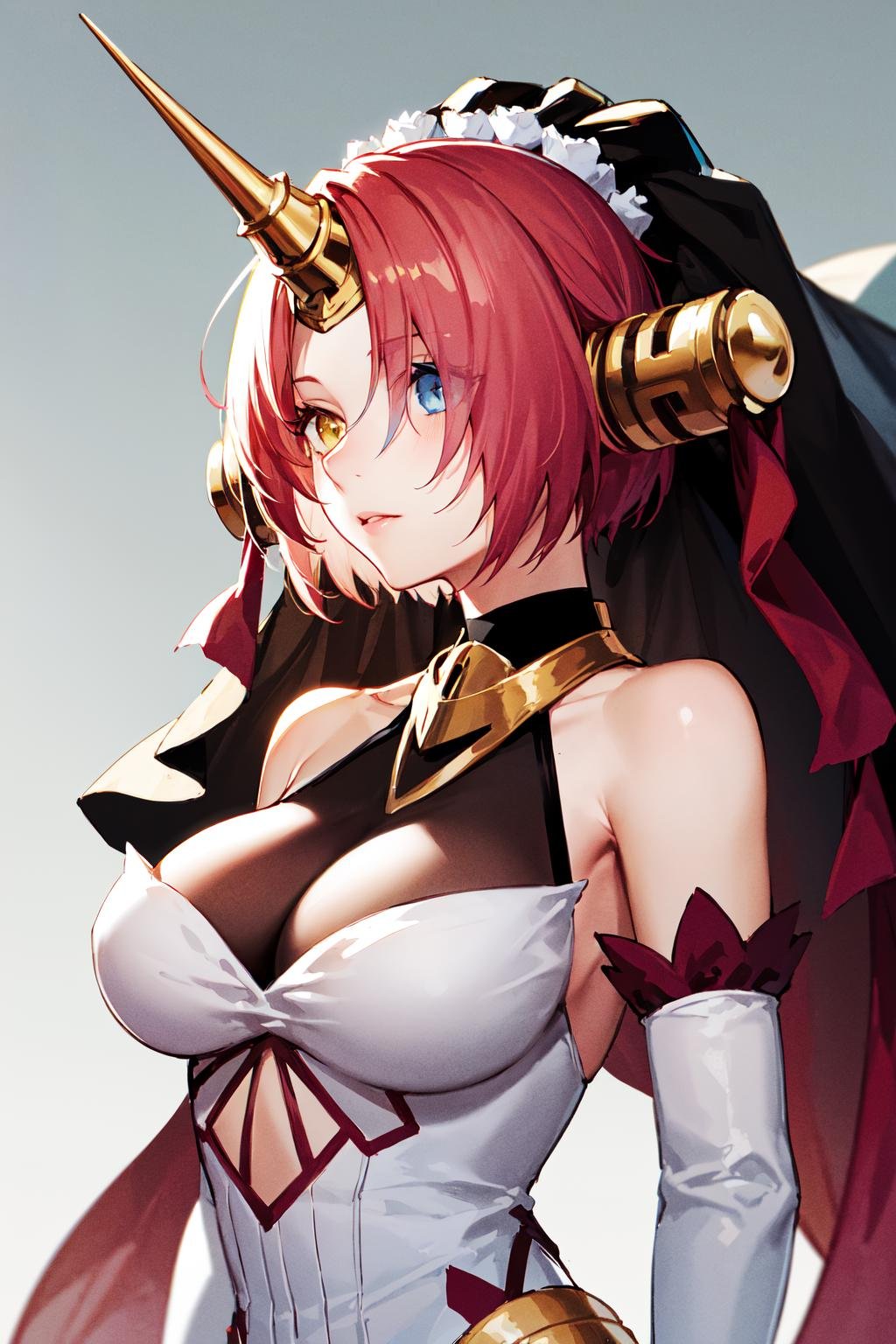 best quality, highres, 1girl, (hair over eyes:1.1), heterochromia, blue eyes, yellow eyes, solo, frankenstein's monster \(fate\), mechanical horns, veil, elbow gloves, white dress, long dress, white gloves, short hair, pink hair, bare shoulders, large breasts, headgear, <lora:frankenstein_v1:0.7>, upper_body,