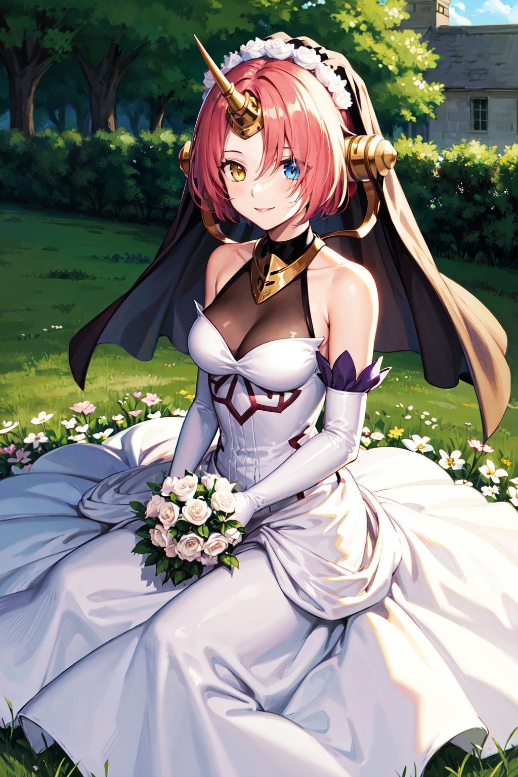 masterpiece, best quality, highres, 1girl, hair over eyes, heterochromia, blue eyes, yellow eyes, solo, frankenstein's monster \(fate\), mechanical horns, veil, elbow gloves, white dress, long dress, white gloves, short hair, pink hair, bare shoulders, medium breasts, headgear, <lora:frankenstein_v1:0.7>, cowboy shot, garden, smile, sitting, holding flower, 