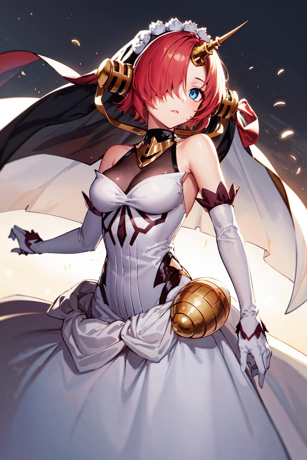 masterpiece, best quality, highres, 1girl, (hair_over one eye:1.2), heterochromia, blue eyes, yellow eyes,  solo, mechanical horns, veil, elbow gloves, white dress, long dress, white gloves, short hair, pink hair, bare shoulders, medium breasts, headgear, <lora:frankenstein_v1:0.7>,