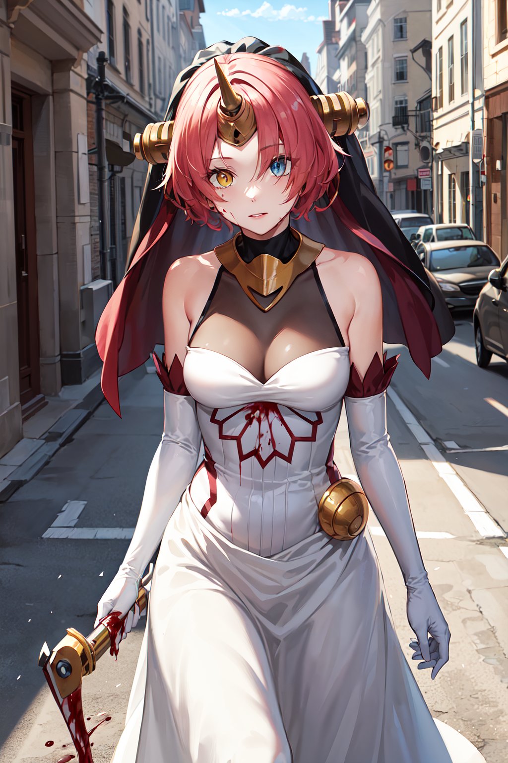 masterpiece, best quality, highres, 1girl, hair over eyes, heterochromia, blue eyes, yellow eyes, solo, frankenstein's monster \(fate\), mechanical horns, veil, elbow gloves, white dress, long dress, white gloves, short hair, pink hair, bare shoulders, medium breasts, headgear, cowboy shot, <lora:frankenstein_v1:0.6>, walking, street, outdoors, (blood:1.3), holding weapon, 