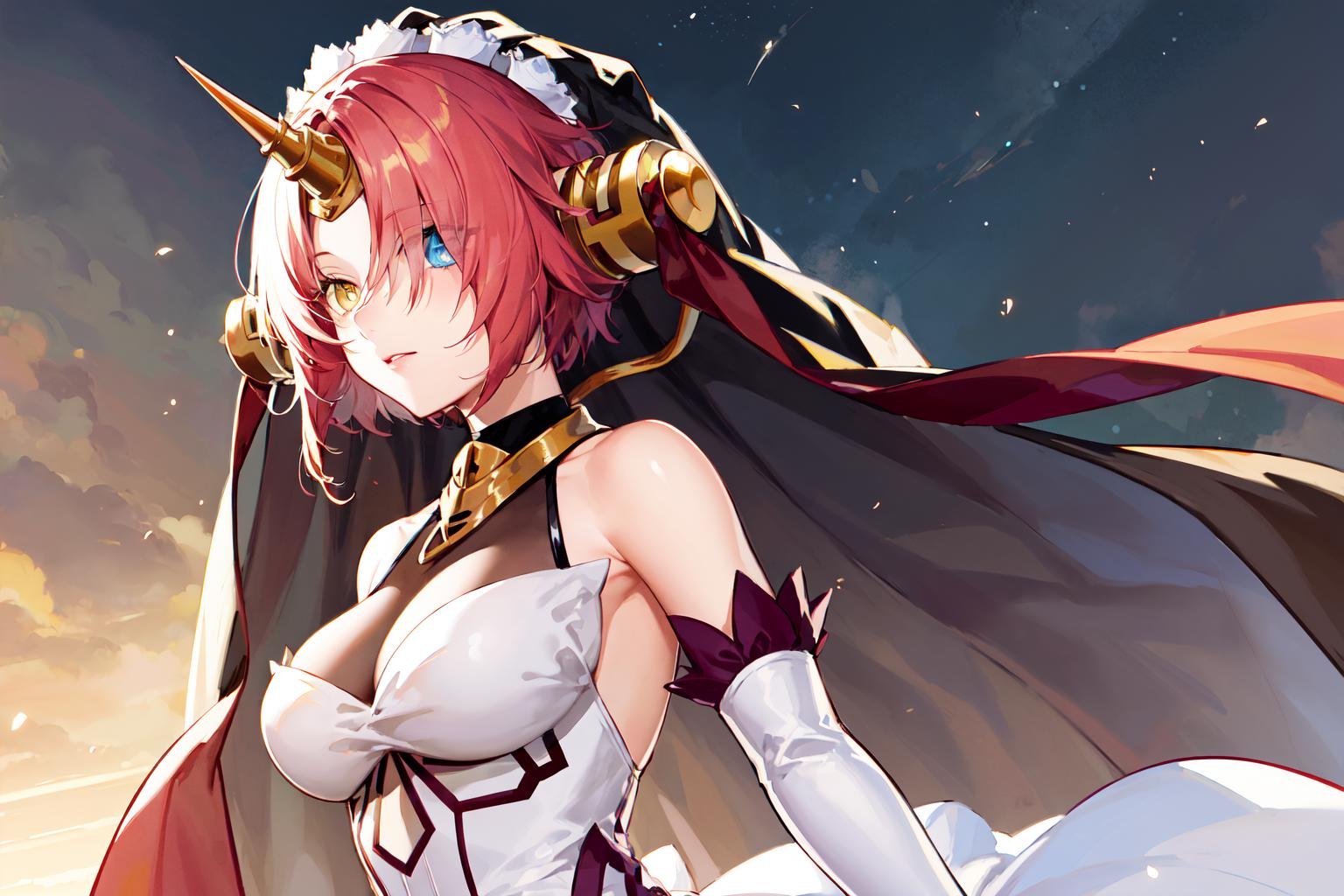 best quality, highres, 1girl, (hair over eyes:1.1), heterochromia, blue eyes, yellow eyes, solo, frankenstein's monster \(fate\), mechanical horns, veil, elbow gloves, white dress, long dress, white gloves, short hair, pink hair, bare shoulders, large breasts, headgear, <lora:frankenstein_v1:0.7>, upper_body,