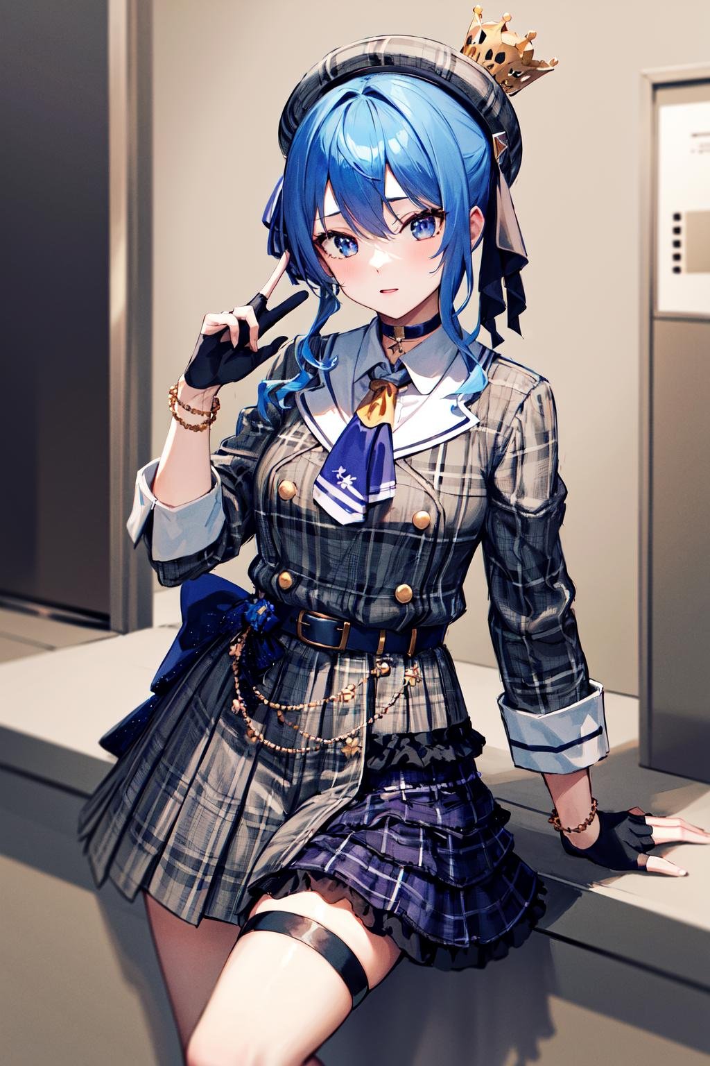 masterpiece, best quality, highres, sui1, 1girl, solo, side ponytail, solo, hoshimachi suisei, fingerless gloves, single thighhigh, jewelry, single sock, thigh strap, bracelet, blue socks, buttons, single kneehigh, plaid dress, blue choker, blue belt, plaid skirt, mini crown, grey skirt, blue ascot, long sleeves, plaid jacket, <lora:hoshimachi_suisei_v1:0.7>, cowboy shot,