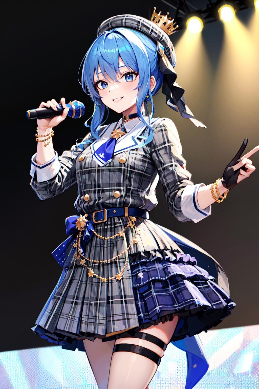 masterpiece, best quality, highres, sui1, 1girl, solo, side ponytail, hoshimachi suisei, fingerless gloves, single thighhigh, jewelry, single sock, thigh strap, bracelet, blue socks, buttons, single kneehigh, plaid dress, blue choker, blue belt, plaid skirt, mini crown, grey skirt, blue ascot, long sleeves, plaid jacket, <lora:hoshimachi_suisei_v1:0.7>, cowboy shot, on the stage, holding microphone, smile,