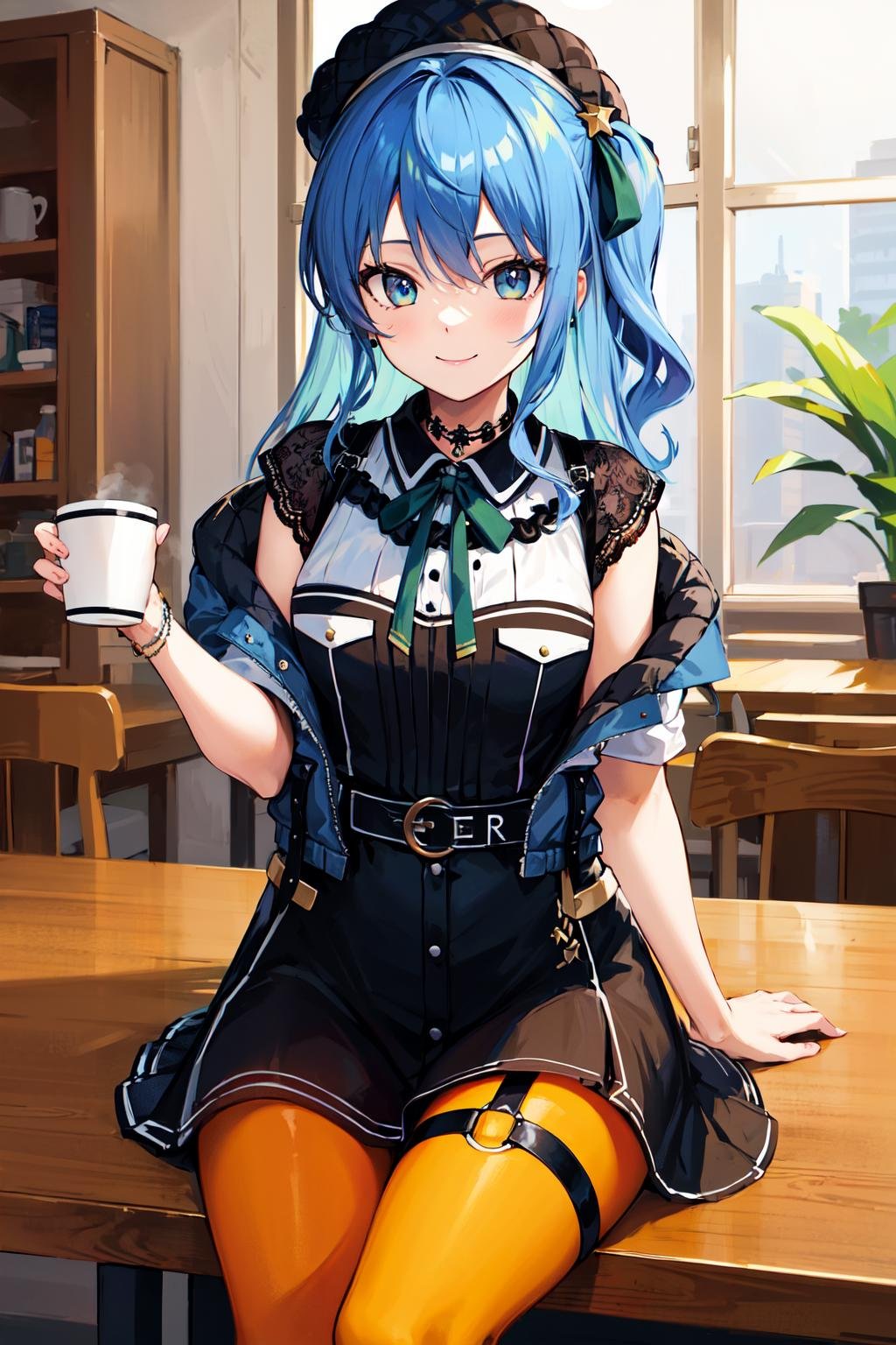 masterpiece, best quality, highres, sui2, 1girl, solo, one side up, hoshimachi suisei, orange pantyhose, green ribbon, black skirt, star \(symbol\), off shoulder, blue jacket, jewelry, short sleeves, thigh strap, choker, black shirt, lace choker, miniskirt, neck ribbon, green bow, black choker, belt, <lora:hoshimachi_suisei_v1:0.7>, sitting, cafe, smile, table, cup,