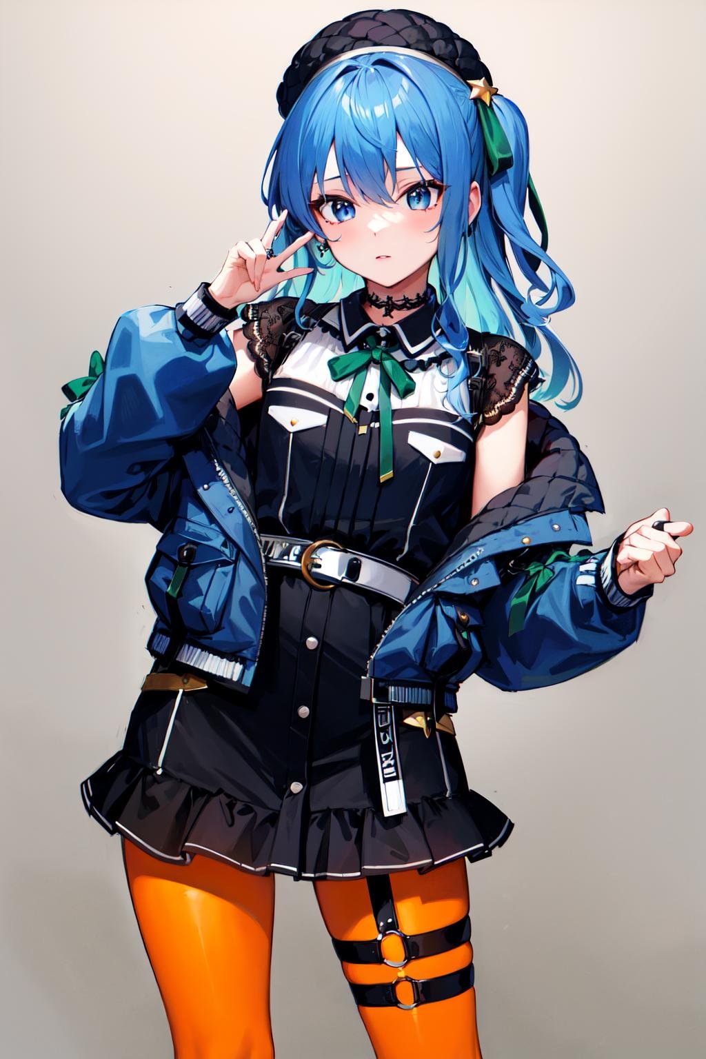 masterpiece, best quality, highres, sui2, 1girl, solo, one side up, hoshimachi suisei, orange pantyhose, green ribbon, black skirt, star \(symbol\), off shoulder, blue jacket, jewelry, short sleeves, thigh strap, choker, black shirt, lace choker, miniskirt, neck ribbon, green bow, black choker, belt, <lora:hoshimachi_suisei_v1:0.7>, standing, cowboy shot,