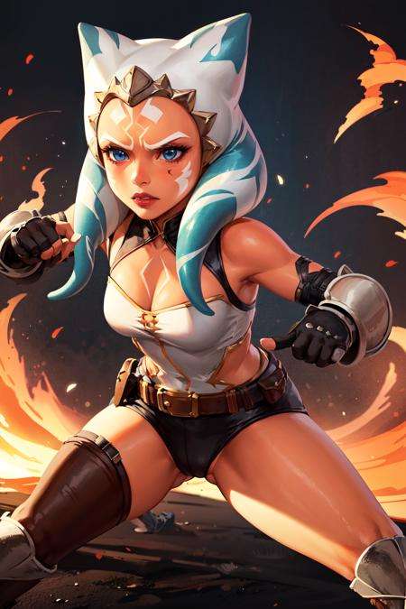 masterpiece, best quality, highres, 1girl, solo, blue eyes, boots, orange skin, gloves, tattoo, tentacle hair, colored skin, facial mark, facial tattoo, belt, forehead mark, lips, armor, long hair, <lora:ashoka_tano_v10:0.6>, cowboy shot, fighting stance, frown,