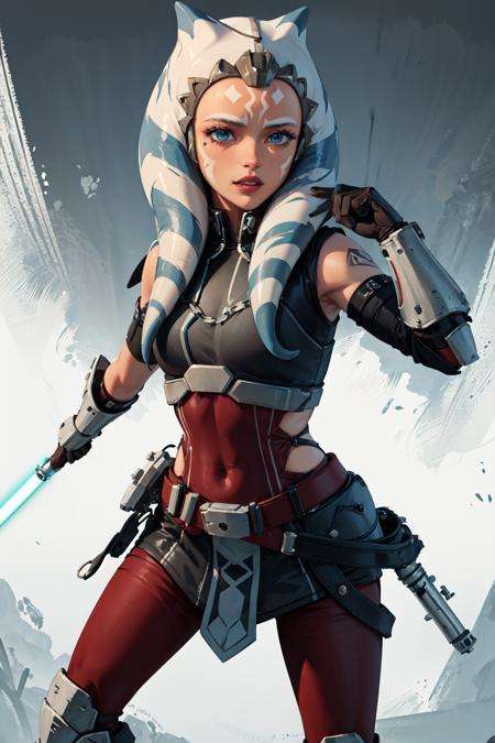 masterpiece, best quality, highres, 1girl, solo, alien, blue eyes, boots, orange skin, gloves, tattoo, tentacle hair, colored skin, facial mark, facial tattoo, lightsaber, belt, forehead mark, lips, armor, long hair,  <lora:ahsokaTanoStarWars_v10:0.6>