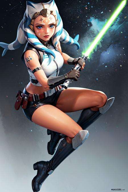 masterpiece, best quality, highres, 1girl, solo, blue eyes, boots, orange skin, gloves, tattoo, tentacle hair, colored skin, facial mark, facial tattoo, belt, forehead mark, lips, armor, long hair, <lora:ashoka_tano_v10:0.6>, lightsaber, holding weapon, 