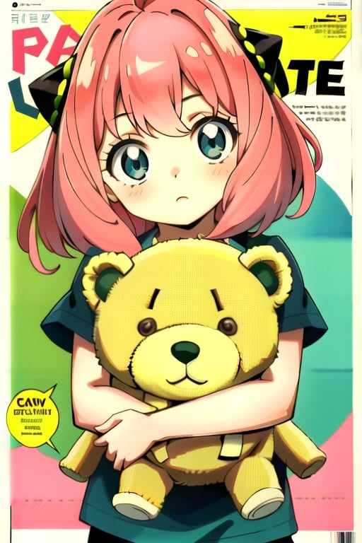 Anya,perfect girl,pose,Carrying a teddy bear,8 year old girl,loli,magazine cover,beautiful,kid,Pink hair