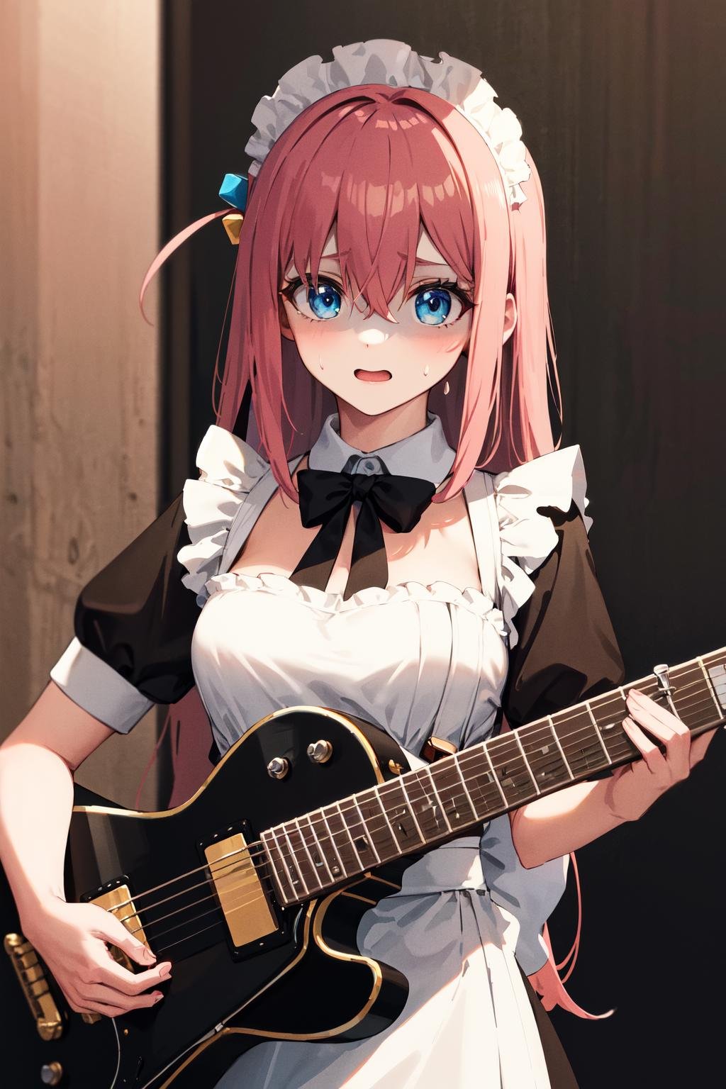 masterpiece, best quality, highres, gotou1, gotou hitori, solo, bangs, hair between eyes, short sleeves, maid, maid headdress, medium breasts, <lora:gotou_hitori_v1:0.7>, holding instrument, guitar, shaded face, sweatdrop, 