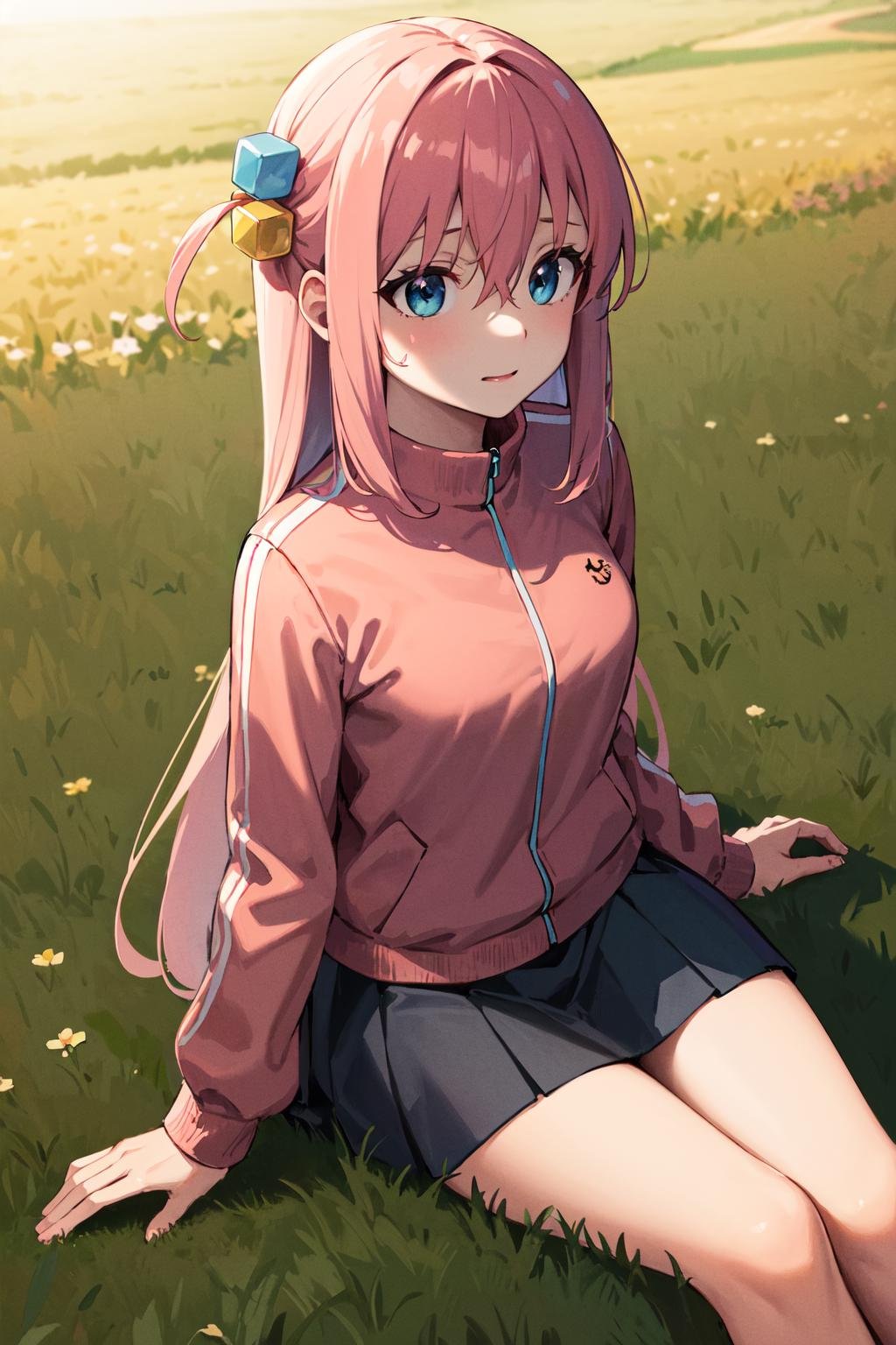 masterpiece, best quality, highres, gotou1, gotou hitori, solo, skirt, pink jacket, track jacket, bangs, hair between eyes, long sleeves, <lora:gotou_hitori_v1:0.7>, sitting, field, shaded face,