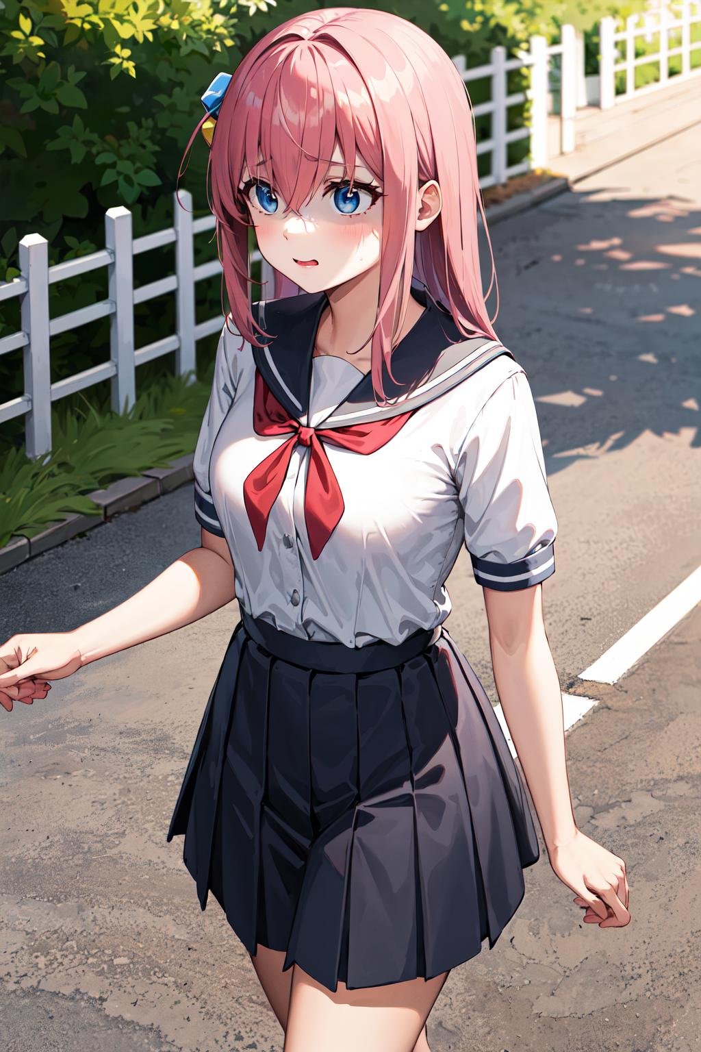 masterpiece, best quality, highres, gotou1, gotou hitori, solo, bangs, hair between eyes, short sleeves,  school uniform, skirt, shirt, sailor collar, medium breasts, <lora:gotou_hitori_v1:0.7>, school, outdoors, walking, shaded face, 