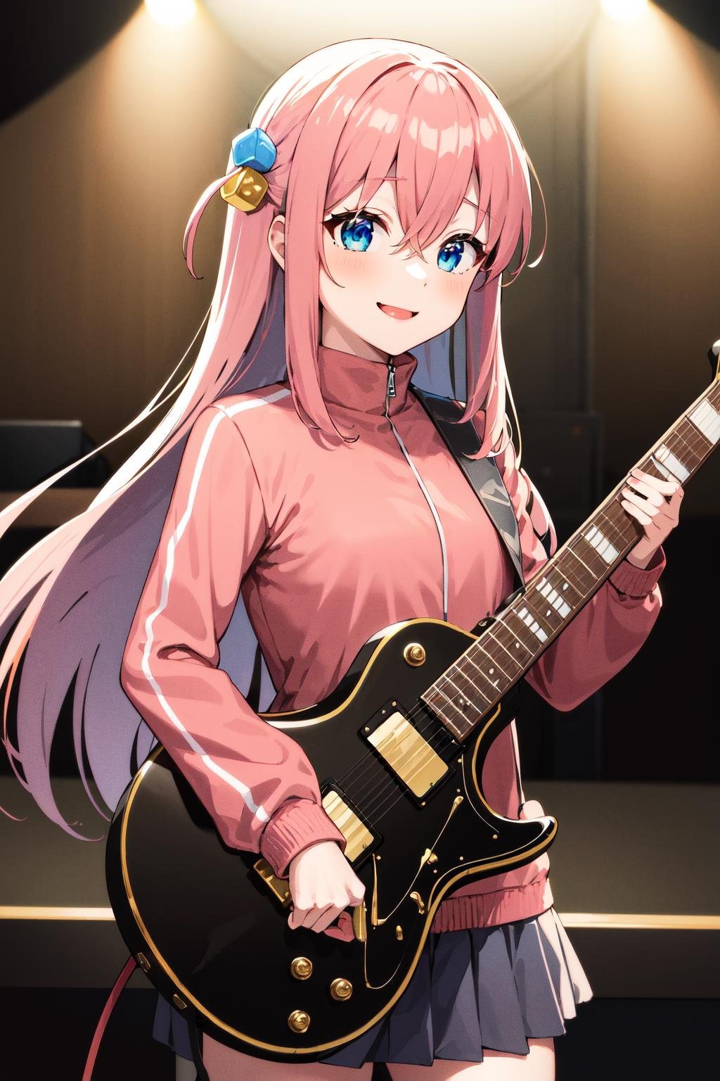 masterpiece, best quality, highres, gotou1, gotou hitori, solo, skirt, pink jacket, track jacket, bangs, hair between eyes, long sleeves, <lora:gotou_hitori_v1:0.7>, stage, smile, holding instrument, guitar,