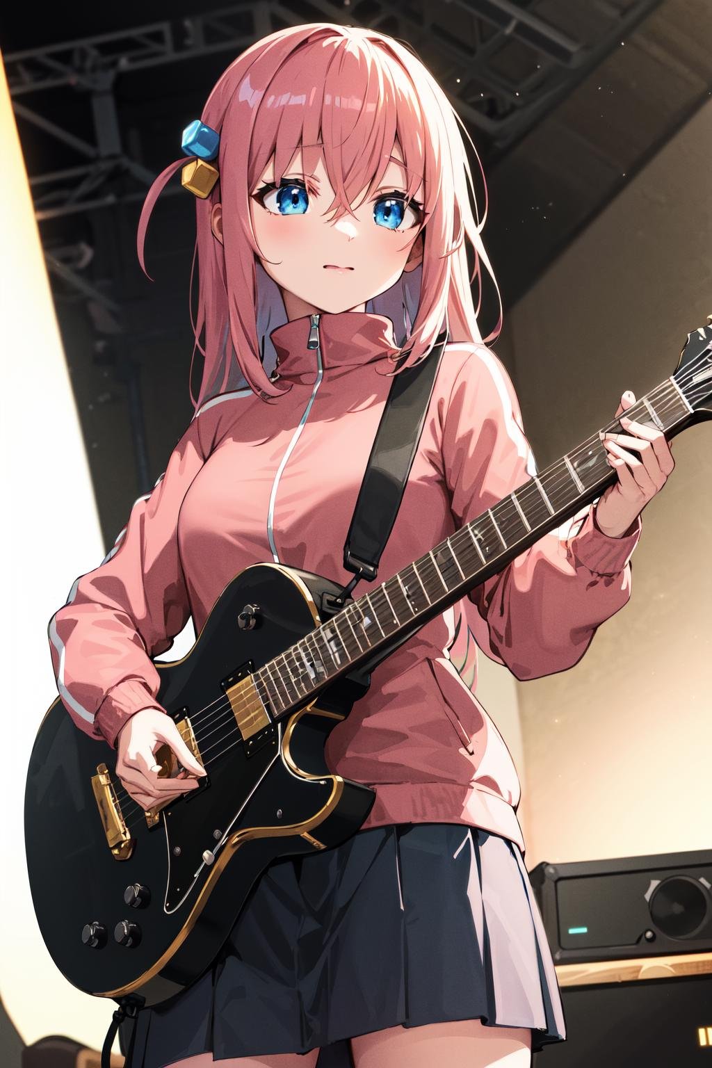 masterpiece, best quality, highres, gotou1, gotou hitori, solo, skirt, pink jacket, track jacket, bangs, hair between eyes, long sleeves, <lora:gotou_hitori_v1:0.7>, stage, holding instrument, guitar, 