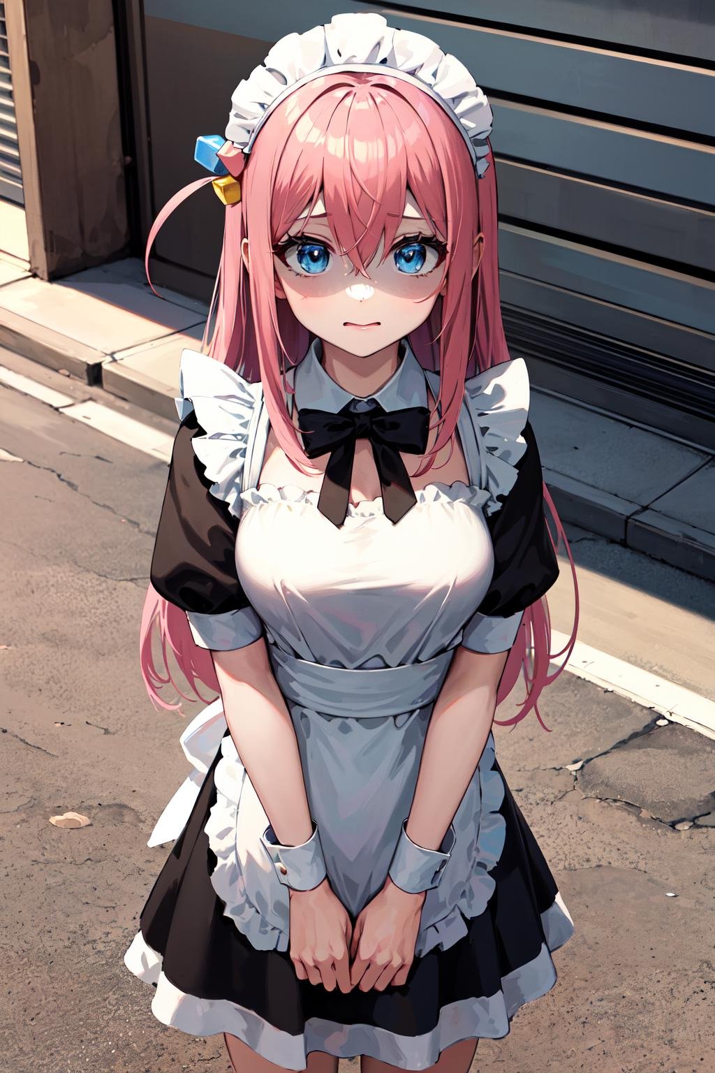 masterpiece, best quality, highres, gotou1, gotou hitori, solo, bangs, hair between eyes, short sleeves, maid, maid headdress, medium breasts, <lora:gotou_hitori_v1:0.7>, cowboy shot, standing, shaded face, outdoors, street,