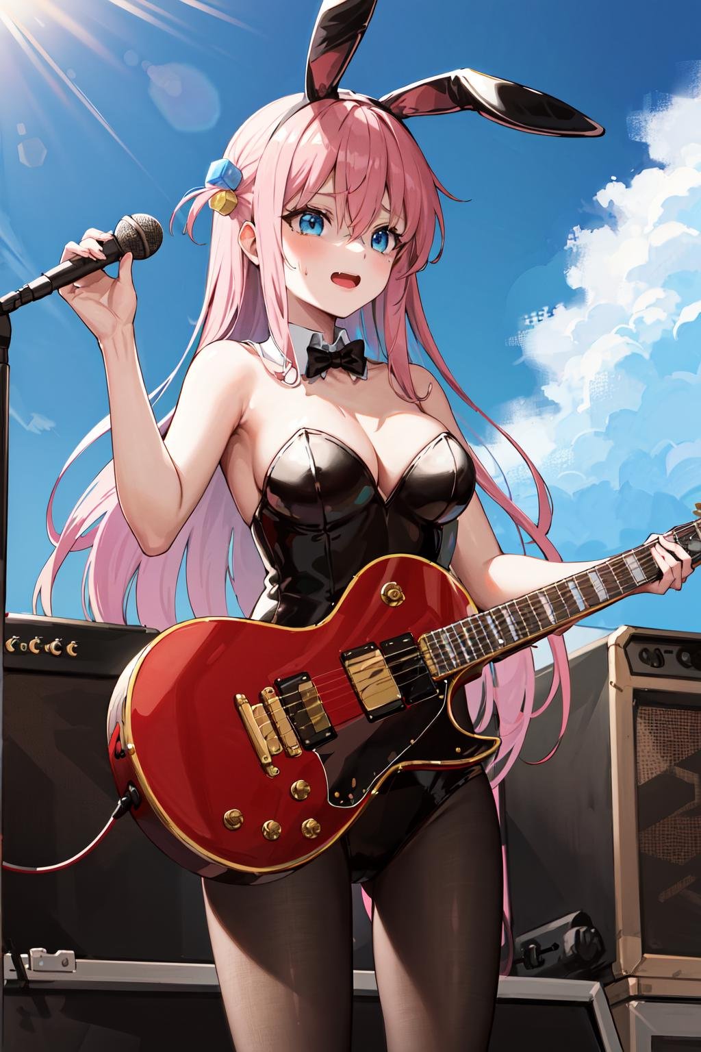 masterpiece, best quality, highres, gotou1, gotou hitori, solo, bangs, hair between eyes, playboy bunny, rabbit ears, pantyhose, medium breasts, <lora:gotou_hitori_v1:0.7>, standing, cowboy shot, shaded face, holding instrument, guitar, outdoors, stage, sky, day, open mouth, microphone stand, 