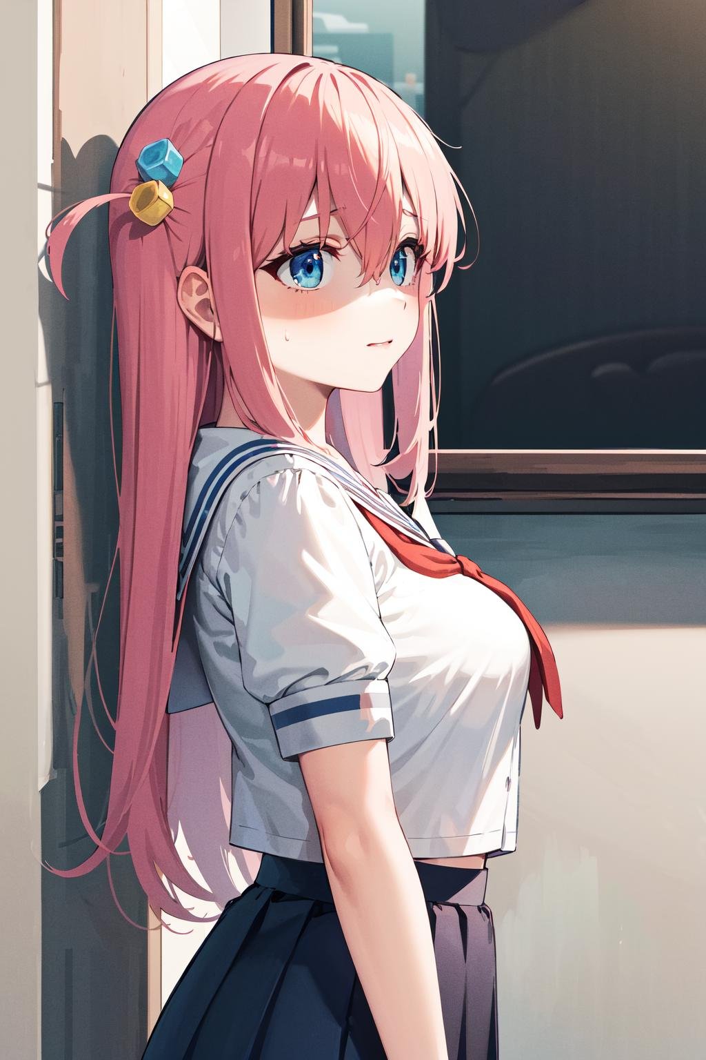 masterpiece, best quality, highres, gotou1, gotou hitori, solo, bangs, hair between eyes, short sleeves,  school uniform, skirt, shirt, sailor collar, medium breasts, <lora:gotou_hitori_v1:0.7>, from side, shaded face, 