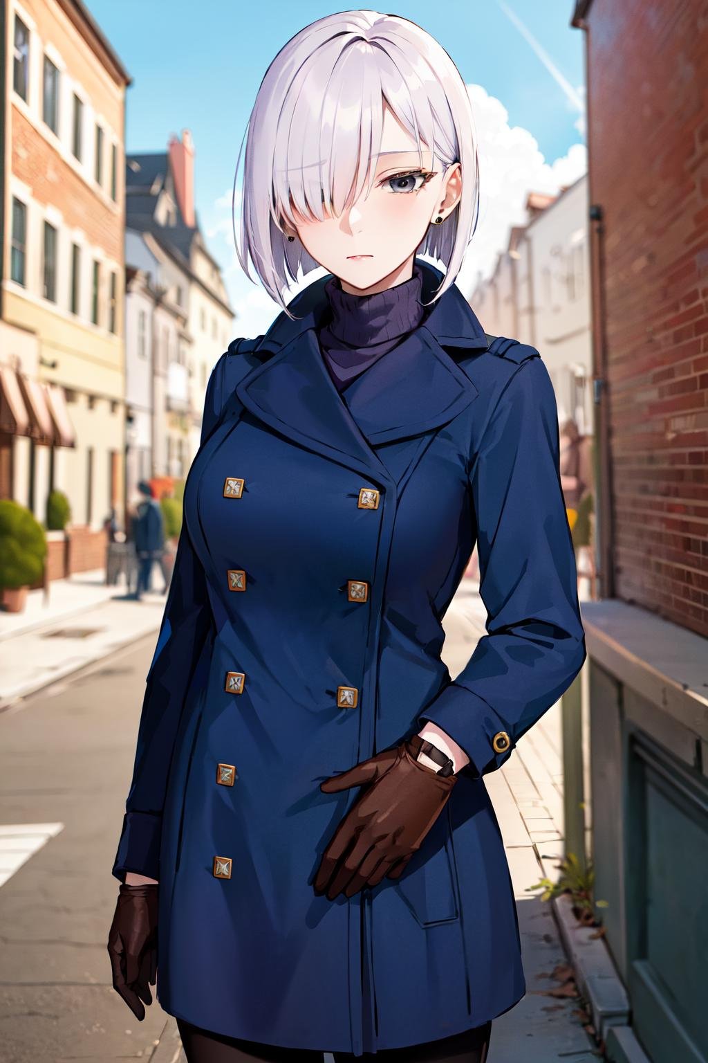 masterpiece, best quality, highres, fiona1, spy x family, hair_over_one_eye, solo, brown gloves, blue coat, buttons, jewelry, turtleneck sweater, earring, breasts, <lora:fiona_frost_v1:0.7>,  expressionless, cowboy shot, outdoors,