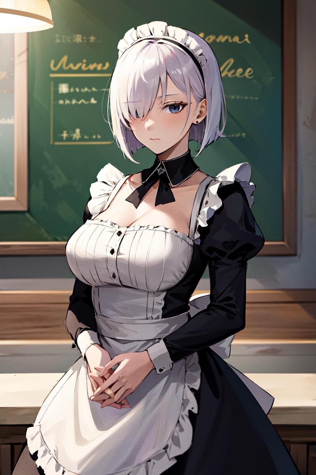 masterpiece, best quality, highres, fiona1, spy x family, hair_over_one_eye, solo, earring, breasts, <lora:fiona_frost_v1:0.7>,  expressionless, cowboy shot, maid, maid headdress, own hands together, cafe,