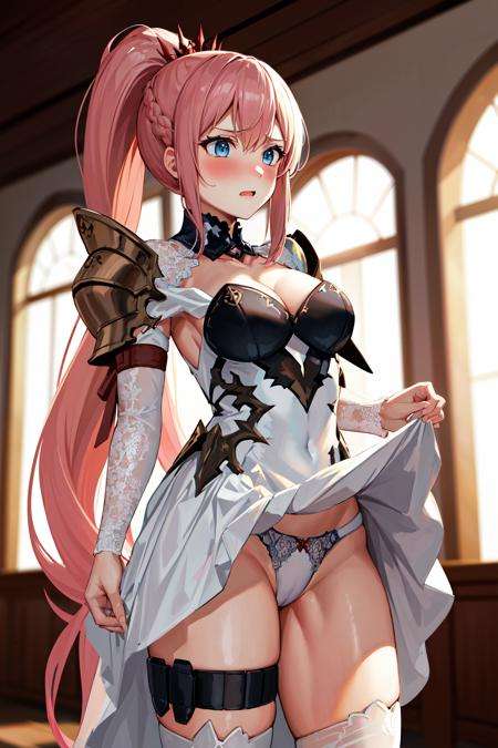 masterpiece, best quality, highres, shionne1, ponytail, 1girl, solo, shoulder armor, dress, very long hair, thigh strap, white dress, cleavage, pauldrons, white thighhighs, medium breasts, bangs, detached sleeves, <lora:shionne_(tales)_v1:0.7>, (dress lift:1.3), surprised, highleg panties, thong, indoors, embarrassed, blush,