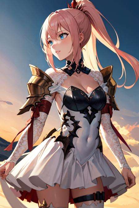 masterpiece, best quality, highres, shionne1, ponytail, 1girl, solo, shoulder armor, dress, very long hair, thigh strap, white dress, cleavage, pauldrons, white thighhighs, medium breasts, bangs, detached sleeves, <lora:shionne_(tales)_v1:0.7>, standing, cowboy shot, 