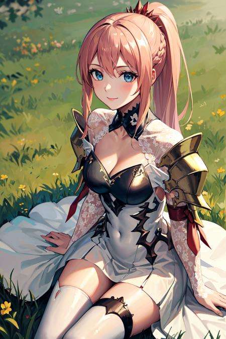 masterpiece, best quality, highres, shionne1, ponytail, 1girl, solo, shoulder armor, dress, very long hair, thigh strap, white dress, cleavage, pauldrons, white thighhighs, medium breasts, bangs, detached sleeves, <lora:shionne_(tales)_v1:0.7>, cowboy shot, day, sitting, field, grass, smile