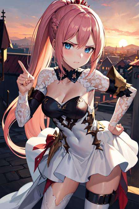 masterpiece, best quality, highres, shionne1, ponytail, 1girl, solo, shoulder armor, dress, very long hair, thigh strap, white dress, cleavage, pauldrons, white thighhighs, medium breasts, bangs, detached sleeves, <lora:shionne_(tales)_v1:0.7>, hand on hip, pointing at viewer, frown, stading, town, day, leaning forward, 