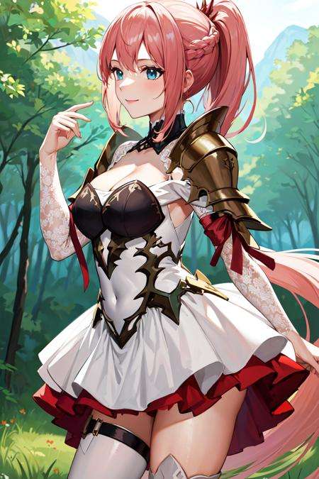 masterpiece, best quality, highres, shionne1, ponytail, 1girl, solo, shoulder armor, dress, very long hair, thigh strap, white dress, cleavage, pauldrons, white thighhighs, medium breasts, bangs, detached sleeves, <lora:shionne_(tales)_v1:0.7>, from side, forest, smile,