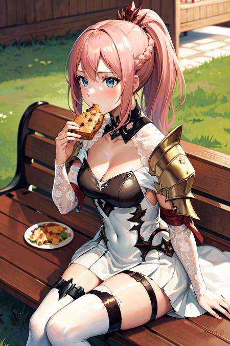 masterpiece, best quality, highres, shionne1, ponytail, 1girl, solo, shoulder armor, dress, very long hair, thigh strap, white dress, cleavage, pauldrons, white thighhighs, medium breasts, bangs, detached sleeves, <lora:shionne_(tales)_v1:0.7>, bench, sitting, eating, food,