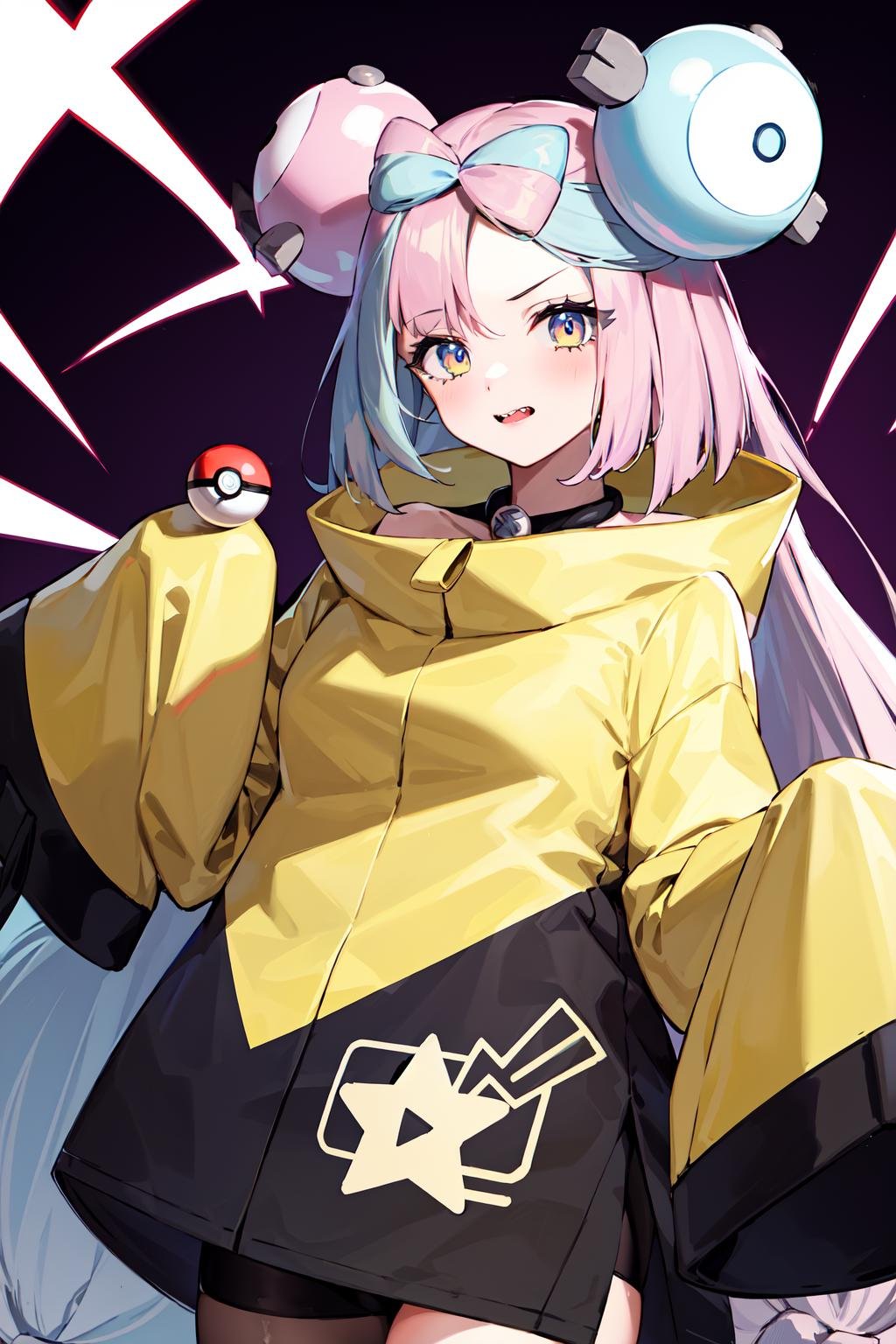 masterpiece, best quality, highres, iono1, 1girl, long hair,  <lora:iono_v1-000006:0.9>, hair ornament, long sleeves, cowboy shot, (holding poke_ball), poke ball \(basic\), 