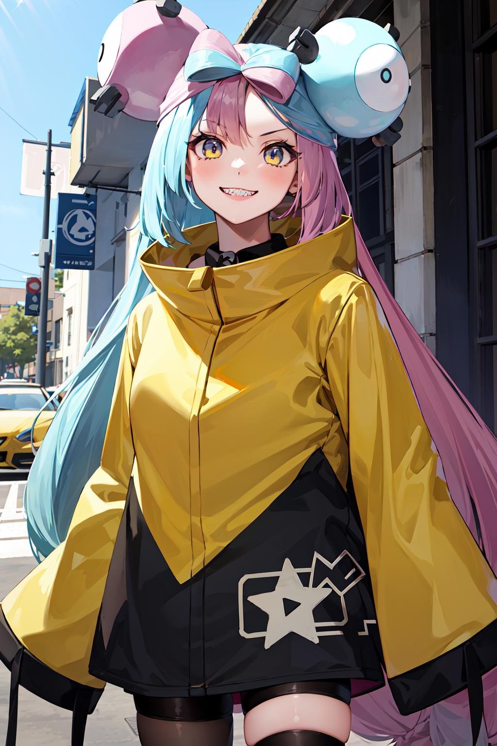 masterpiece, best quality, highres, iono1, 1girl, long hair,  <lora:iono_v1-000006:0.9>, yellow jacket, street, long sleeves, cowboy shot, smile