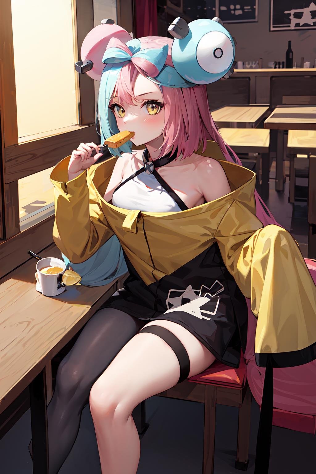 masterpiece, best quality, highres, iono1, 1girl, long hair,  <lora:iono_v1-000006:0.9>, yellow jacket, off shoulder,  hair ornament, restaurant, sitting, eating, food 