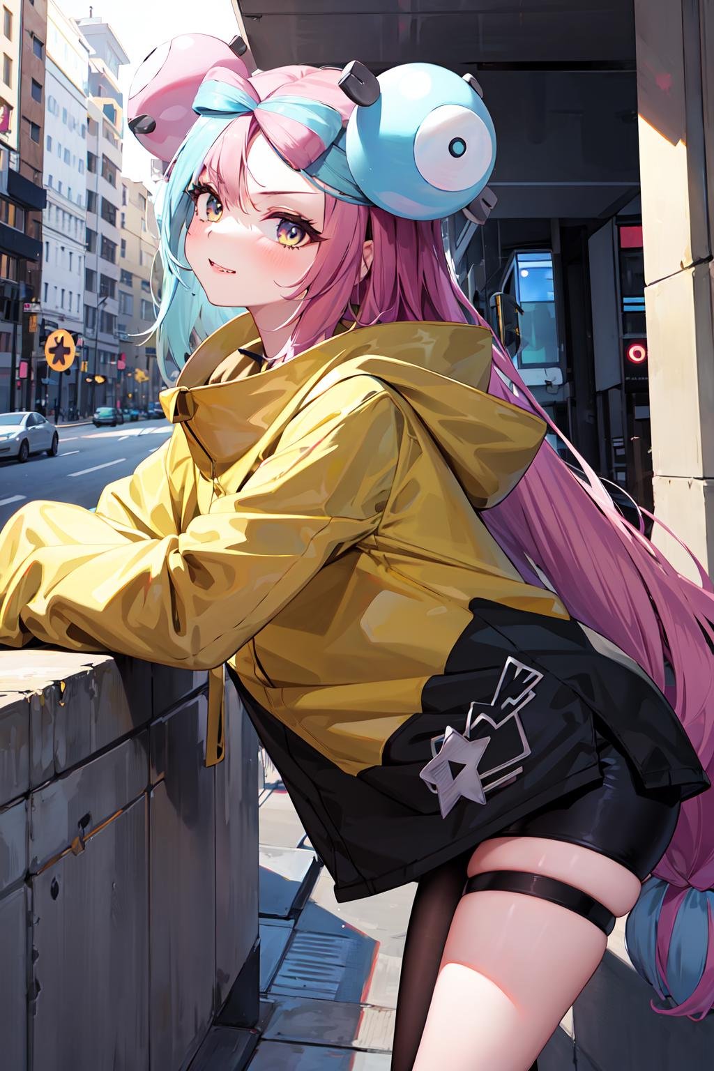 masterpiece, best quality, highres, iono1, 1girl, long hair,  <lora:iono_v1-000006:0.9>, yellow jacket, street, long sleeves, cowboy shot, leaning forward, pointing at viewer, 