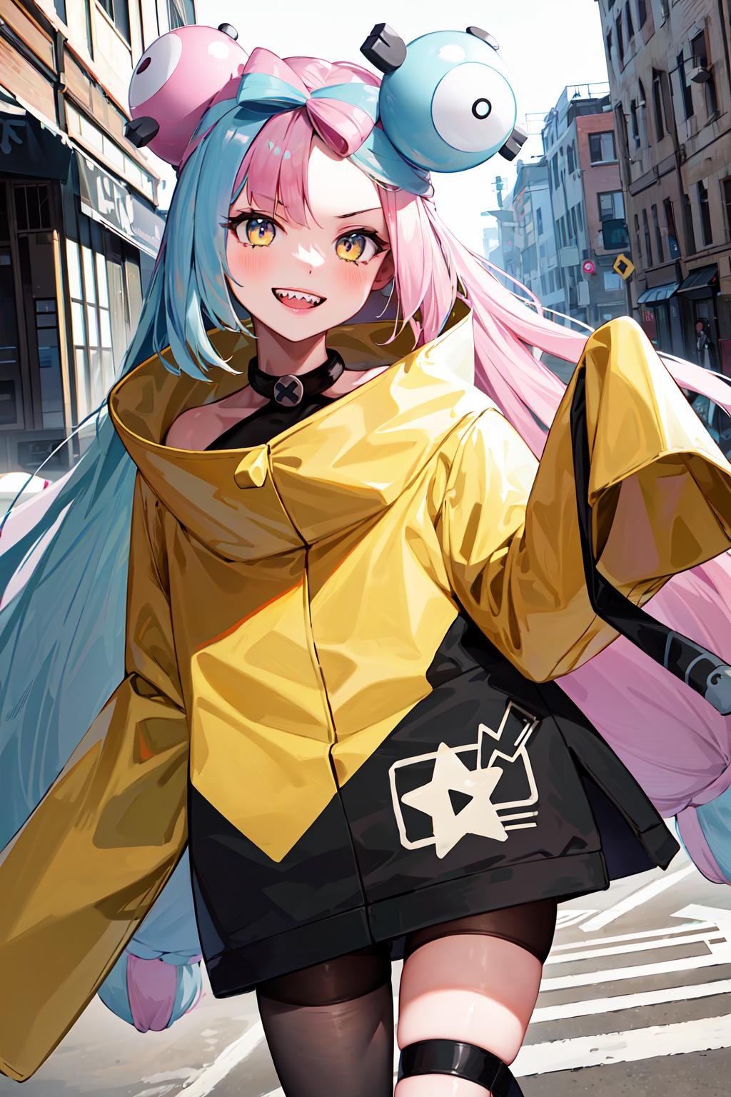 masterpiece, best quality, highres, iono1, 1girl, long hair,  <lora:iono_v1-000006:0.9>, yellow jacket, oversized clothes, street, cowboy shot, smile