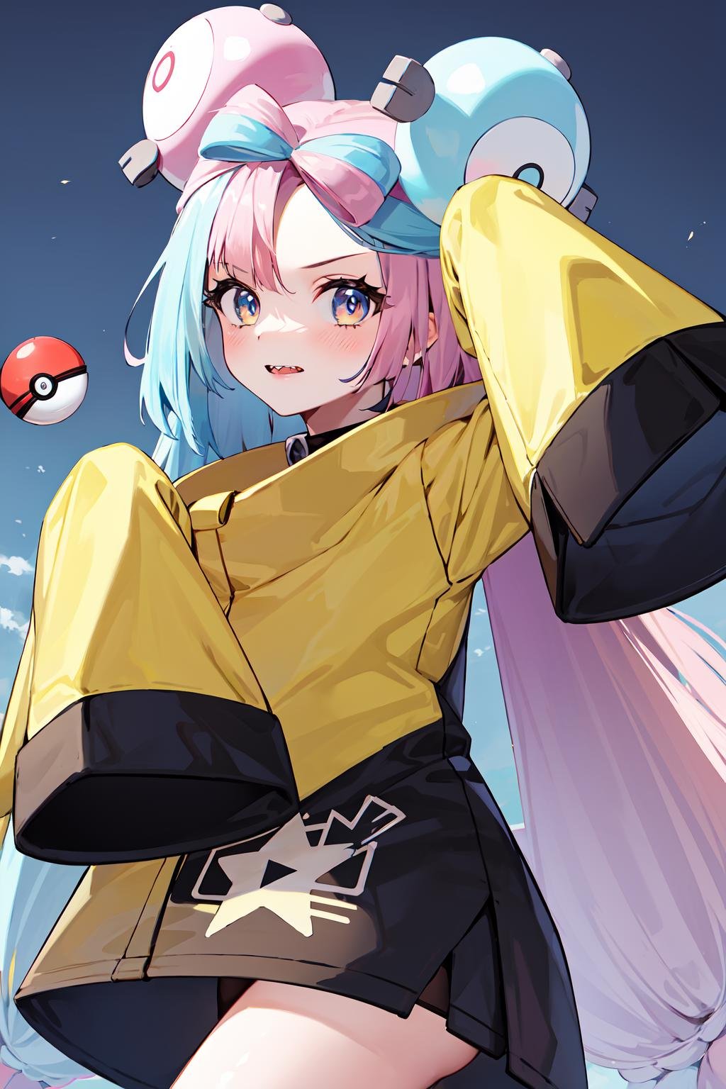 masterpiece, best quality, highres, iono1, 1girl, long hair,  <lora:iono_v1-000006:0.9>, hair ornament, long sleeves, cowboy shot, (holding poke_ball), poke ball \(basic\), 