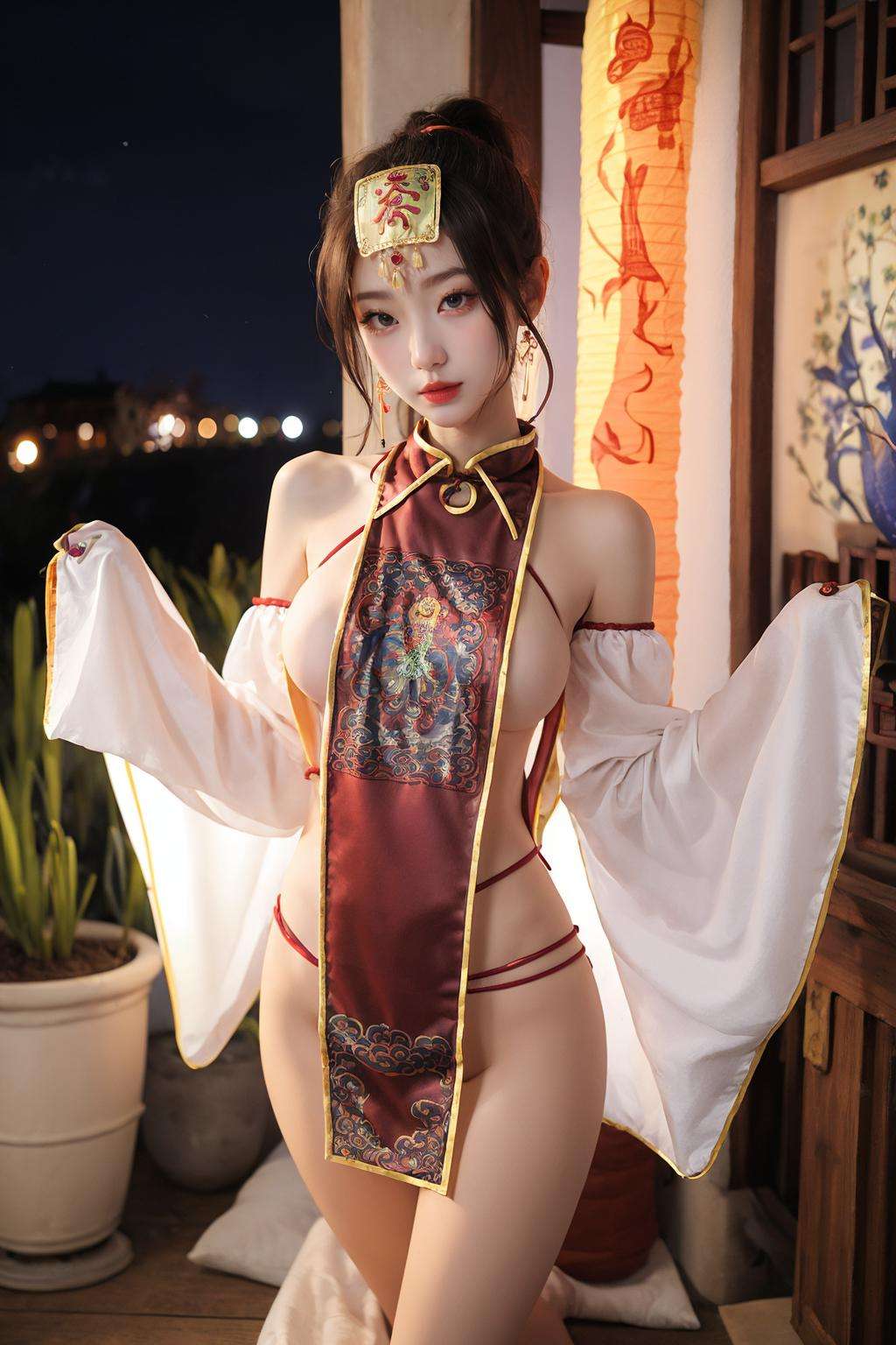 1girl, looking at viewer, [breasts:0.8], cosplay custume, (chinese talisman on forehead:1.2), <lora:cuongthi:0.65>, (night, Chinese lanterns:1.3),  <lora:DSLRgirl:0.1>