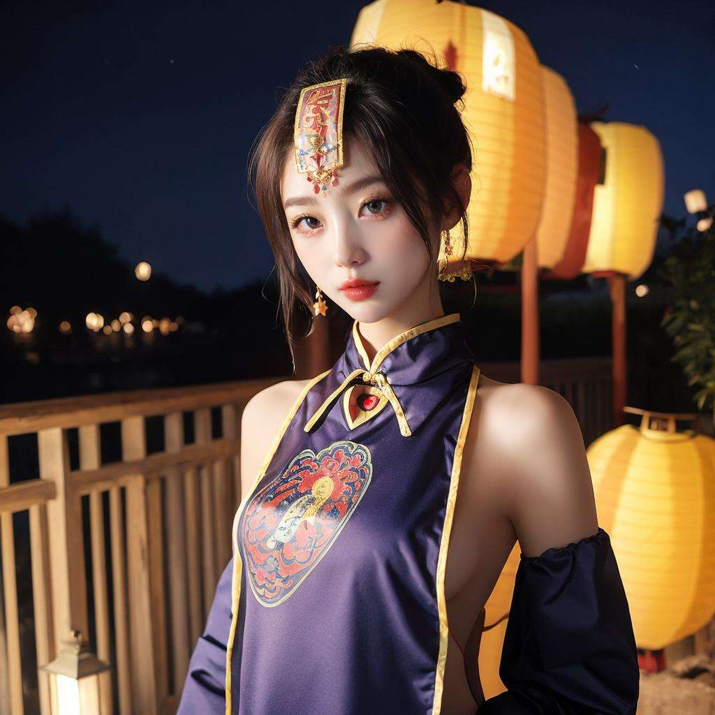 1girl, looking at viewer, [breasts:0.8], cosplay custume, (chinese talisman on forehead:1.2), <lora:cuongthi:0.65>, (night, Chinese lanterns:1.3),  <lora:DSLRgirl:0.1>