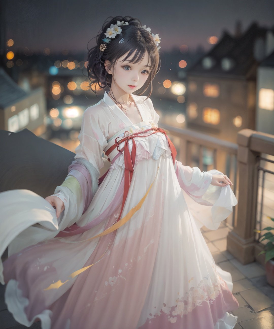 1girl, cityscape backdrop, rooftop or high-rise balcony, dynamic composition, engaging pose, soft yet striking lighting, shallow depth of field, bokeh from city lights, sharp details, highly detailed, hyper-realistic, 50mm lens, naturally blurred background,<lora:hanfuTang_v35:0.75>,(hanfu, tang style outfits, white upper shan, multicolour chest po skirt)