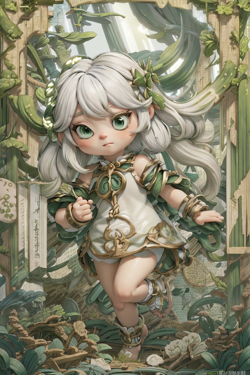 detailed illustration, kusanali,kid, white hair,white dress, green eyes,hair ornament, blush, full body, scenery, jungle ,32,高清,White Pantyhose,machinery,, Mecha,, , , , , ,cartoon ,real, <lora:EMS-2799-EMS:0.8>, <lora:EMS-2798-EMS:0.6>, <lora:EMS-2806-EMS:0.8>