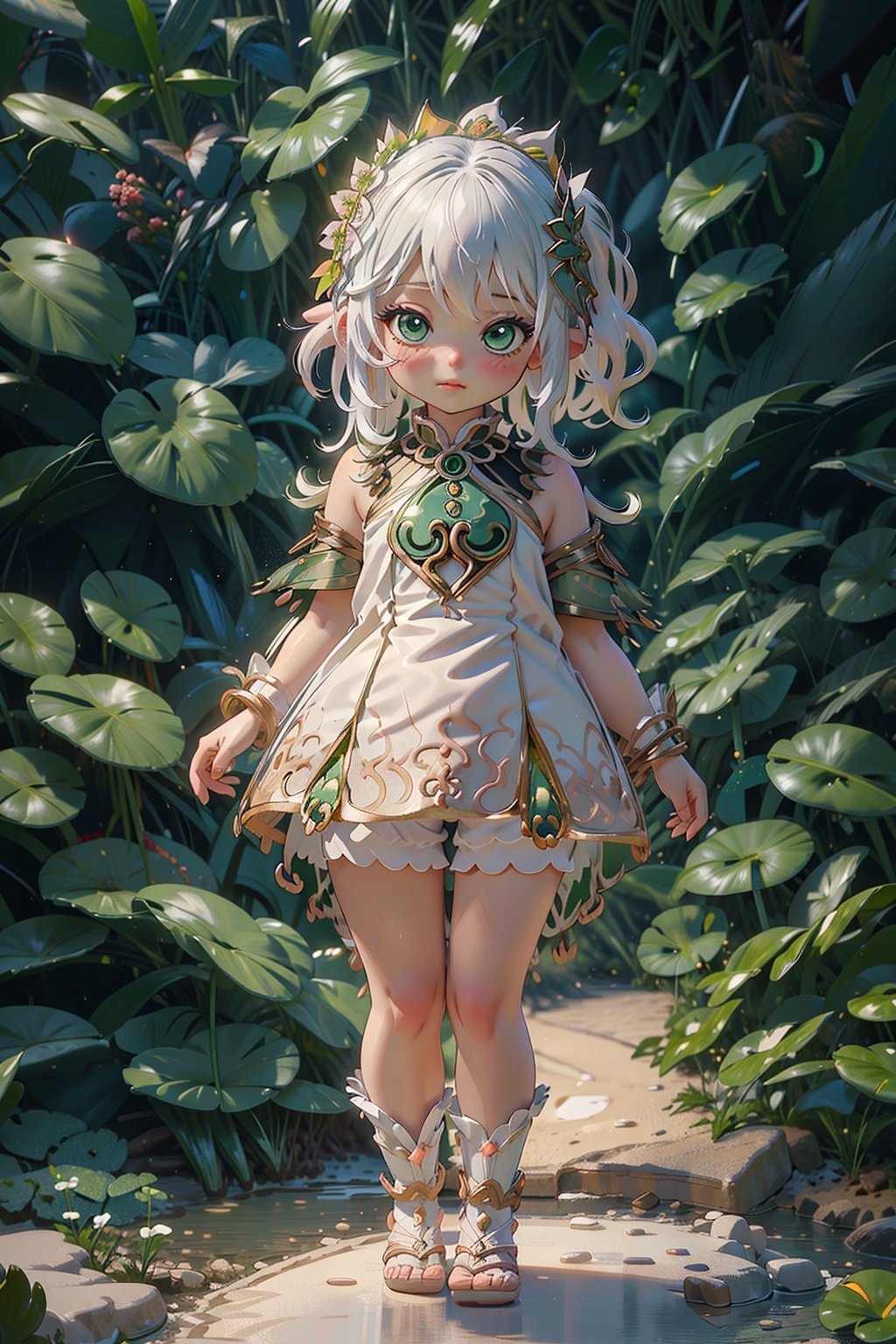 detailed illustration, kusanali,kid, white hair,white dress, green eyes,hair ornament, blush, full body, scenery, jungle ,32,高清, , 