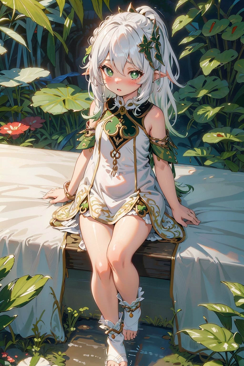 detailed illustration, kusanali,kid, white hair,white dress, green eyes,hair ornament, blush, full body, scenery, jungle ,32,高清, , 