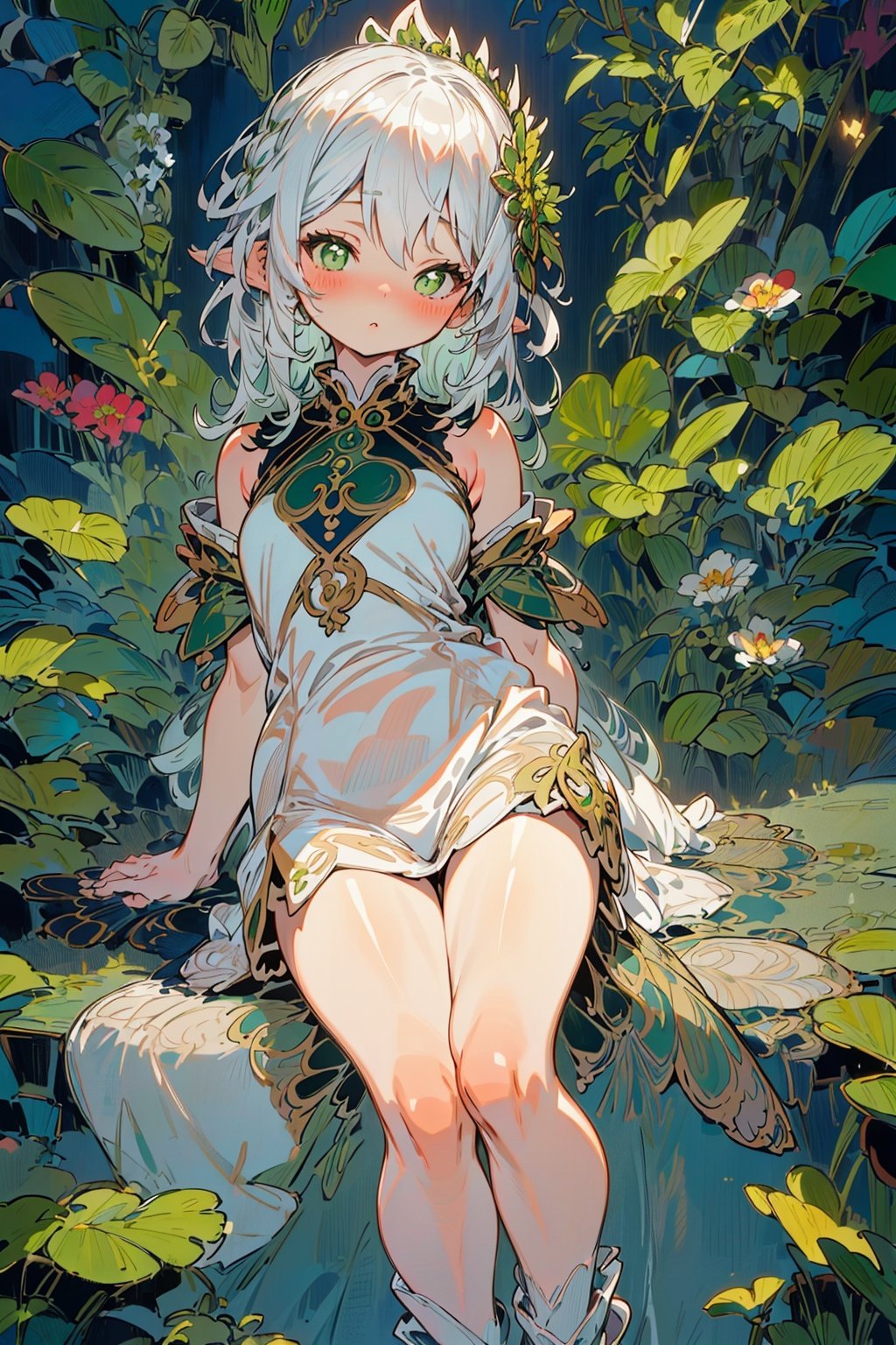 detailed illustration, kusanali,kid, white hair,white dress, green eyes,hair ornament, blush, full body, scenery, jungle ,32,高清, , ,new_blue_b