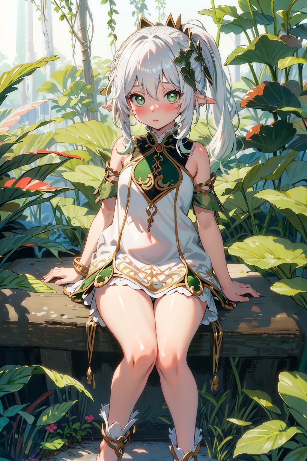 detailed illustration, kusanali,kid, white hair,white dress, green eyes,hair ornament, blush, full body, scenery, jungle ,32,高清, , 