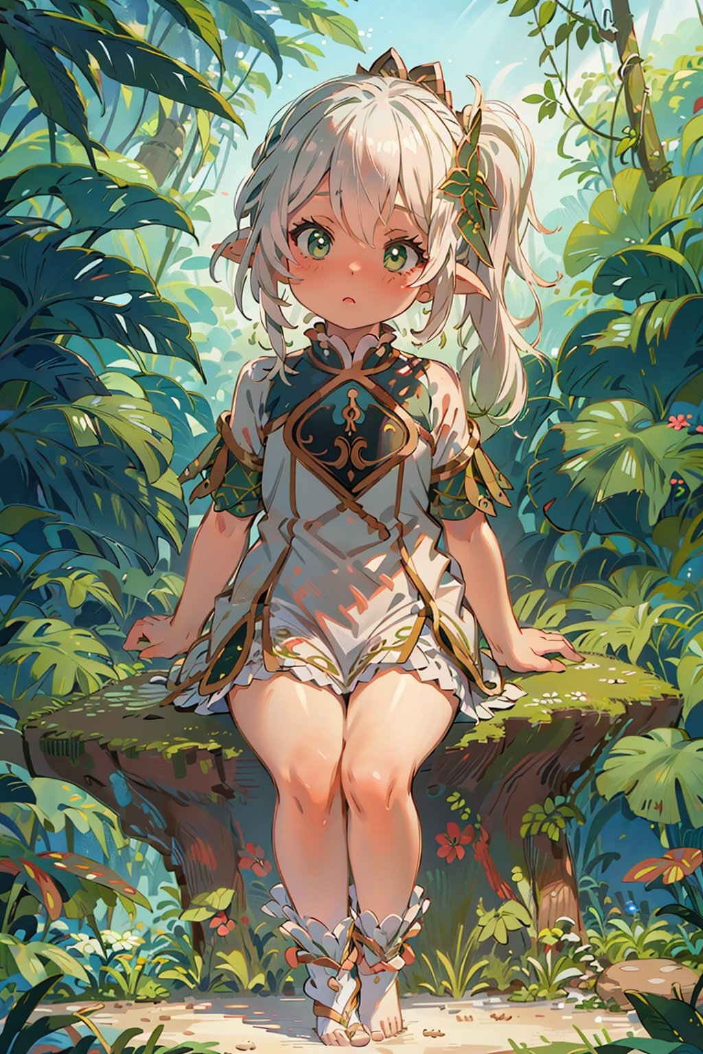 detailed illustration, kusanali,kid, white hair,white dress, green eyes,hair ornament, blush, full body, scenery, jungle ,32,高清, , ,new_blue_b