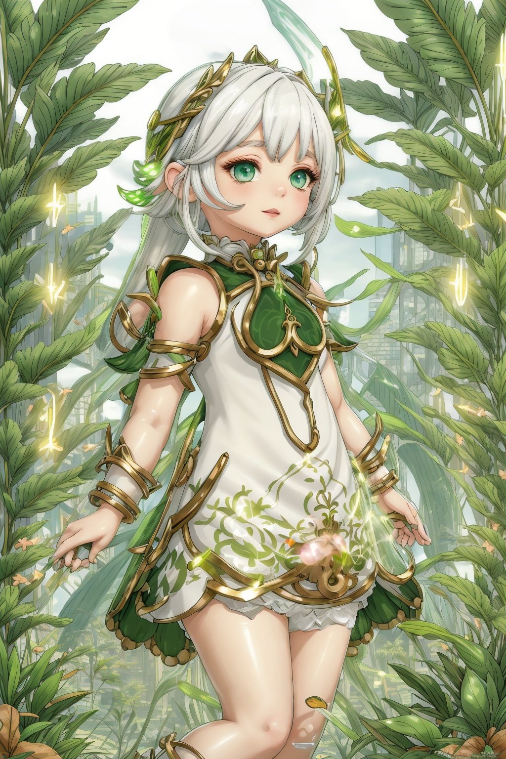 detailed illustration, kusanali,kid, white hair,white dress, green eyes,hair ornament, blush, full body, scenery, jungle ,32,高清,White Pantyhose,machinery,, Mecha,, , , , , ,cartoon ,real, <lora:EMS-2799-EMS:0.5>, <lora:EMS-2798-EMS:0.5>, <lora:EMS-2806-EMS:0.8>