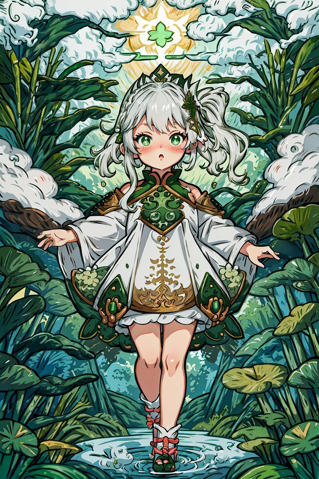 detailed illustration, kusanali,kid, white hair,white dress, green eyes,hair ornament, blush, full body, scenery, jungle ,32,高清